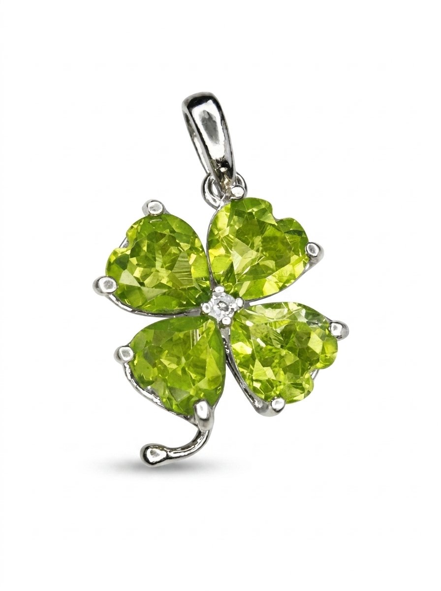 Pingente Trevo Pedra Natural Coração Peridoto Prata 925